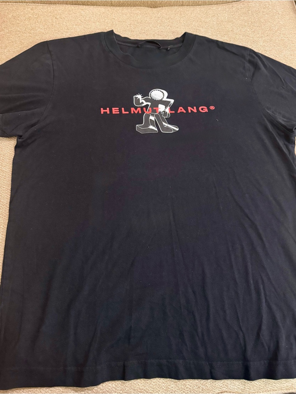 Helmut Lang Black Short-Sleeve Tee with Red Logo & White Graphic